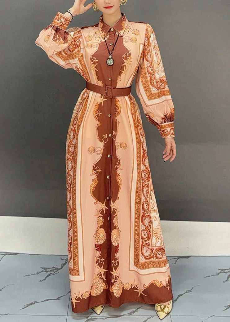 Elegant Orange Peter Pan Collar Print Cotton Maxi Dress Fall - Image 2
