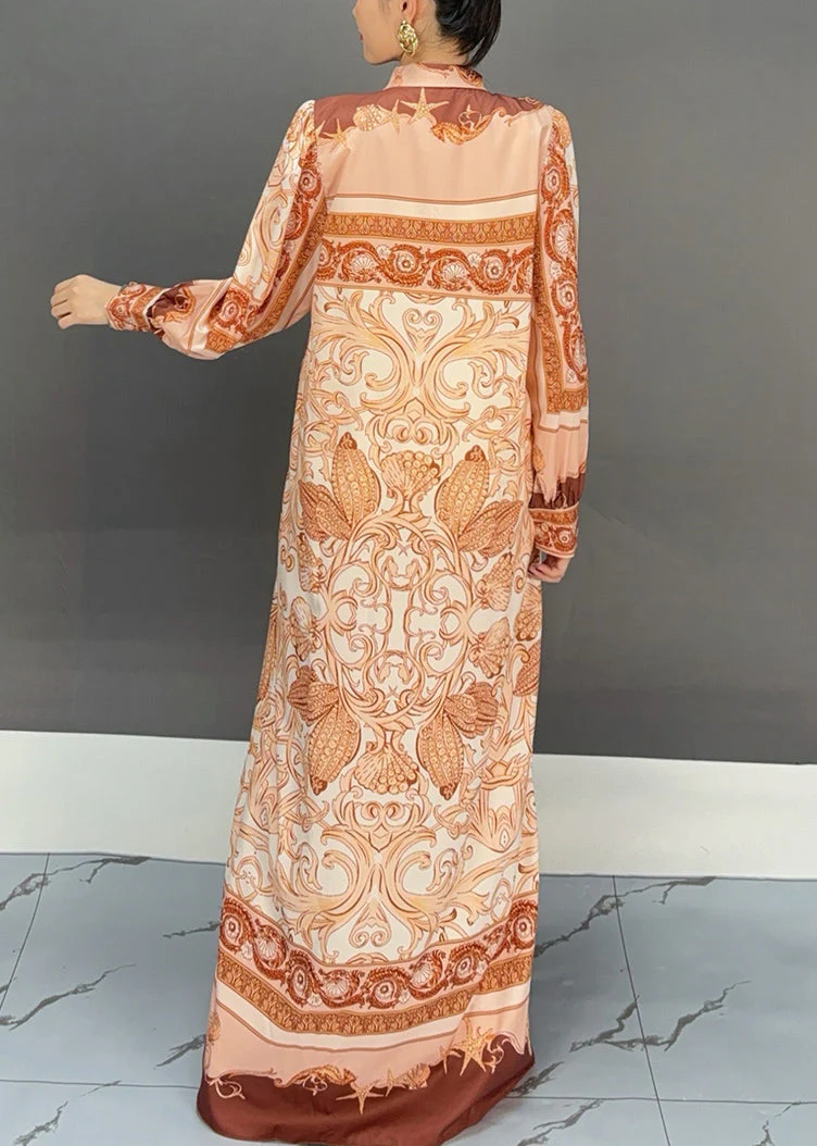 Elegant Orange Peter Pan Collar Print Cotton Maxi Dress Fall - Image 4