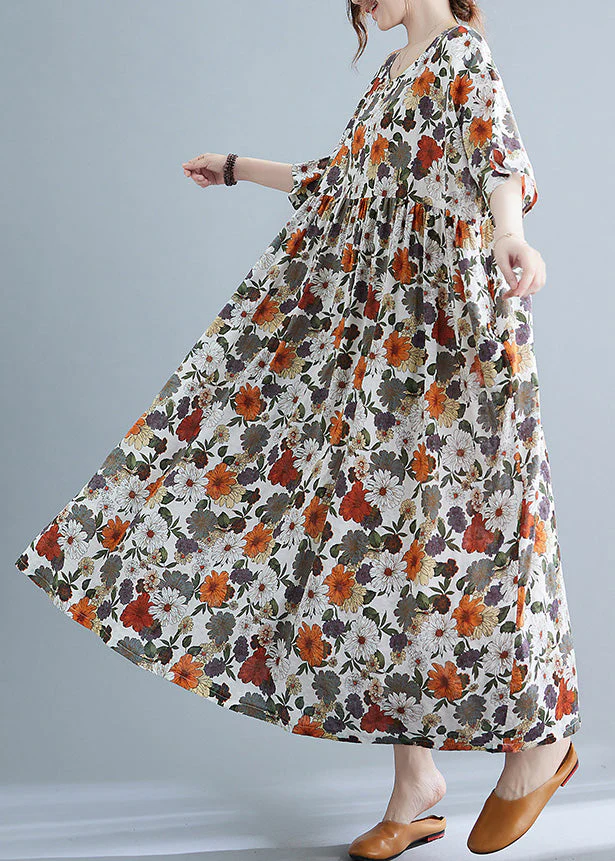 Elegant Orange Print Wrinkled Maxi Dresses Summer - Image 4