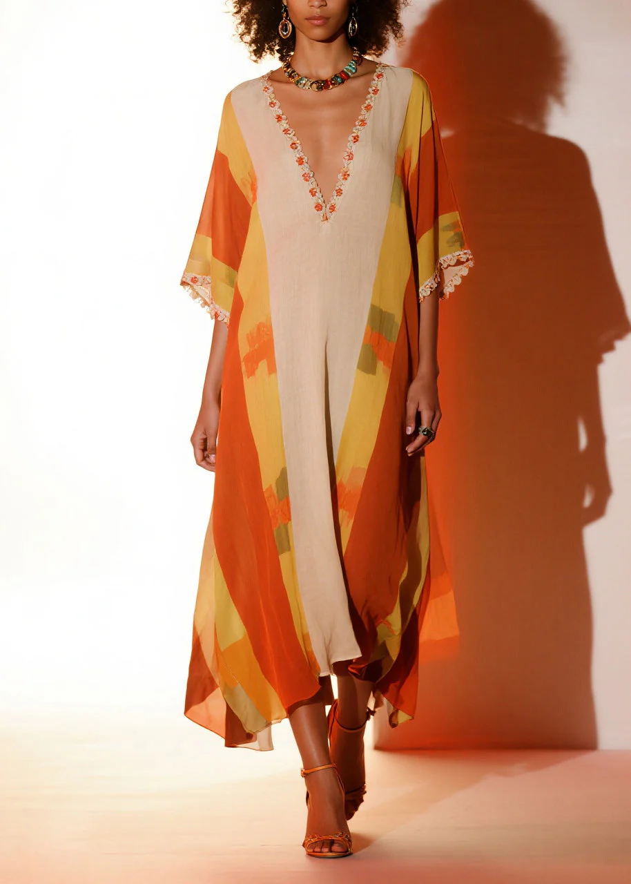 Elegant Orange Ruffled Print Chiffon Holiday Dress Summer - Image 2