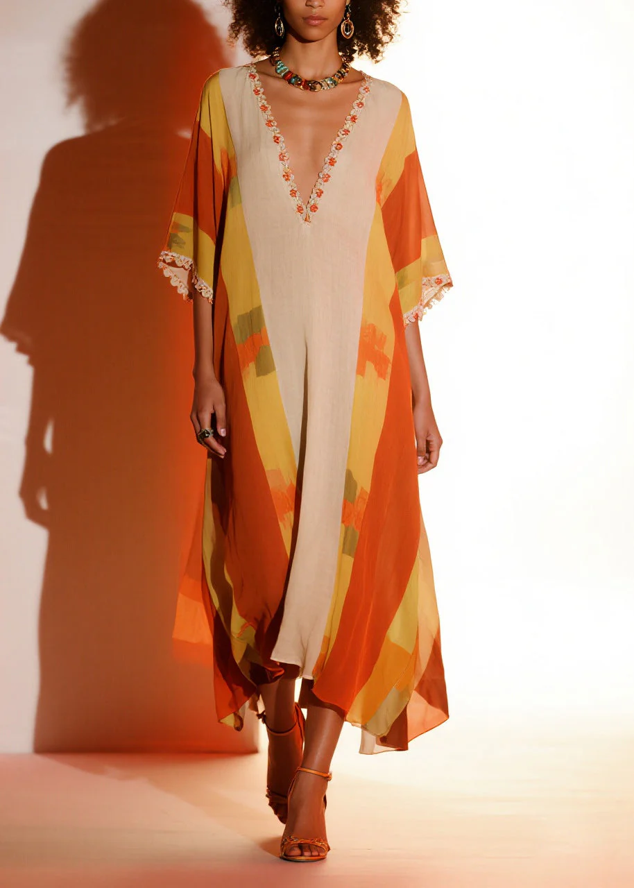 Elegant Orange Ruffled Print Chiffon Holiday Dress Summer - Image 3