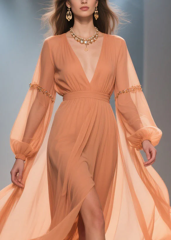 Elegant Orange Wrinkled Side Open Chiffon Long Dresses Spring - Image 2