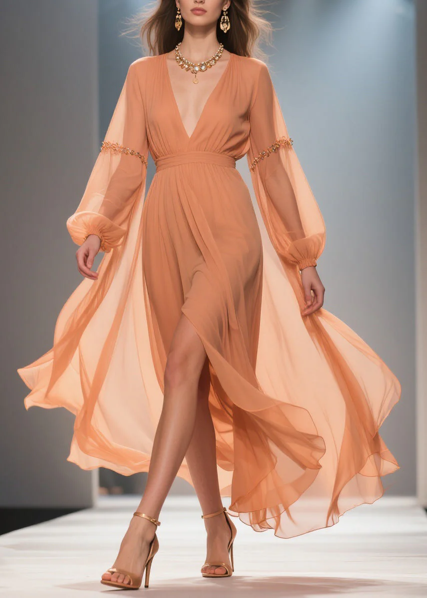 Elegant Orange Wrinkled Side Open Chiffon Long Dresses Spring - Image 3