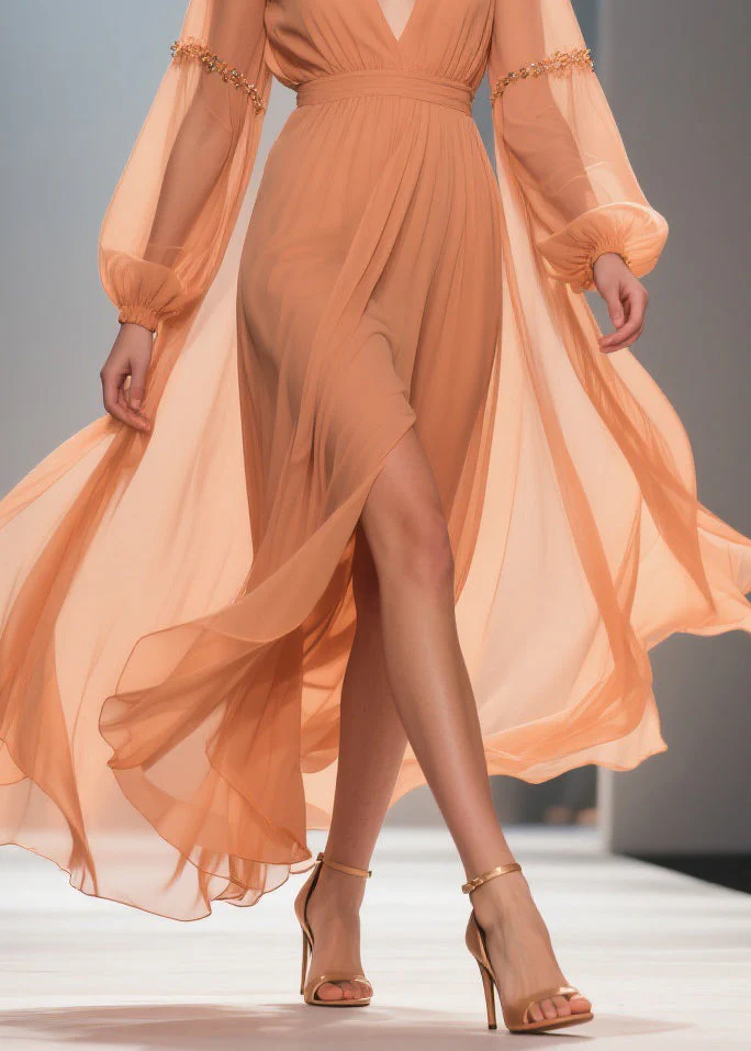 Elegant Orange Wrinkled Side Open Chiffon Long Dresses Spring - Image 4