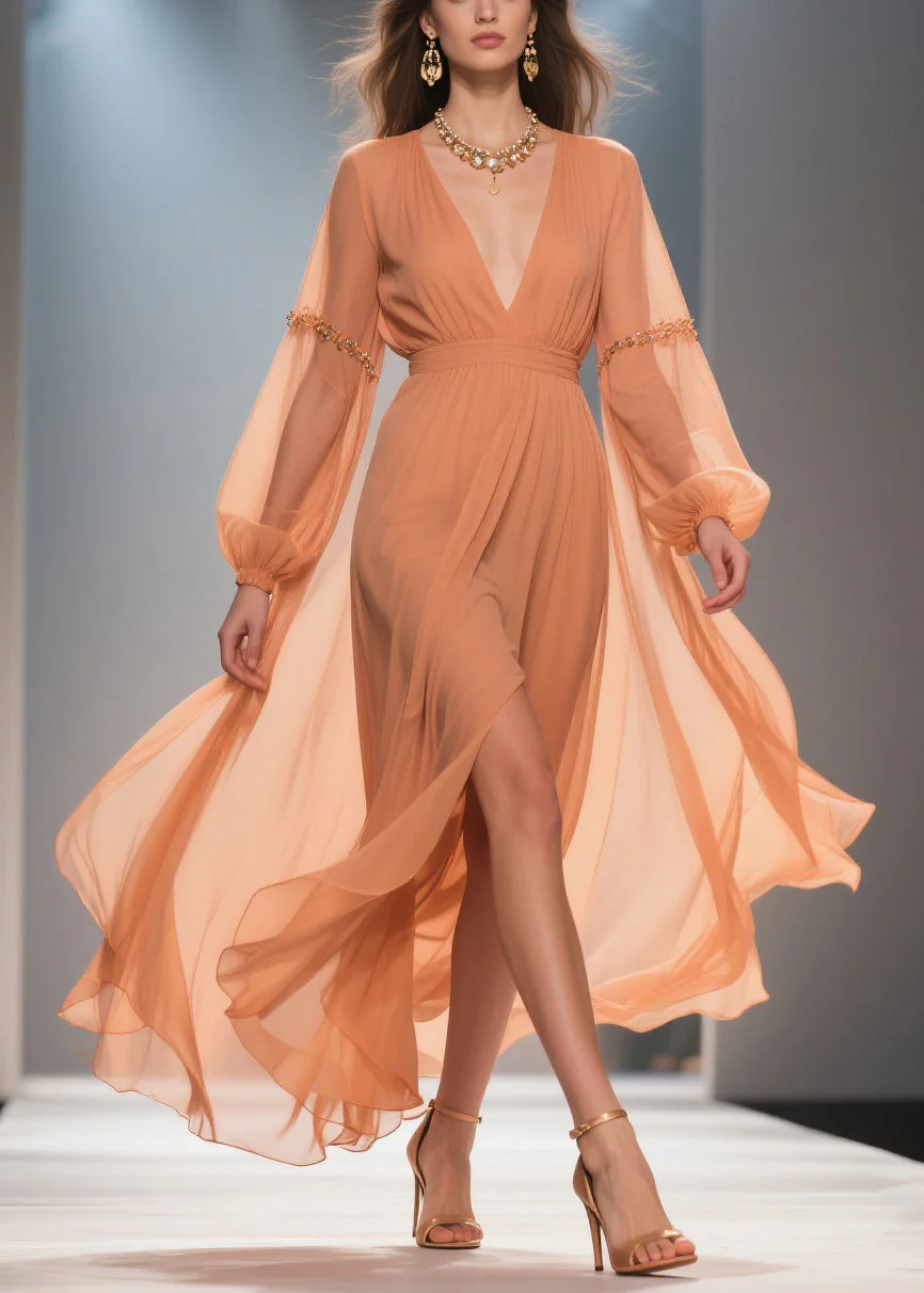 Elegant Orange Wrinkled Side Open Chiffon Long Dresses Spring - Image 5