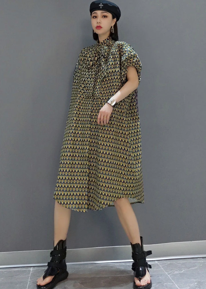 Elegant Original Stand Collar Print Cotton Shirt Dress Short Sleeve - Image 2