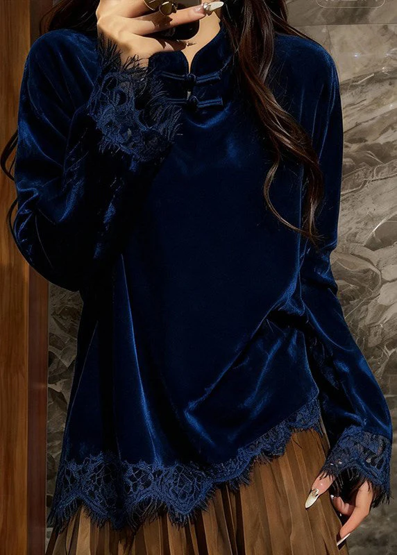 Elegant Peacock Blue Mandarin Collar Patchwork Lace Silk Velour Top Spring - Image 5