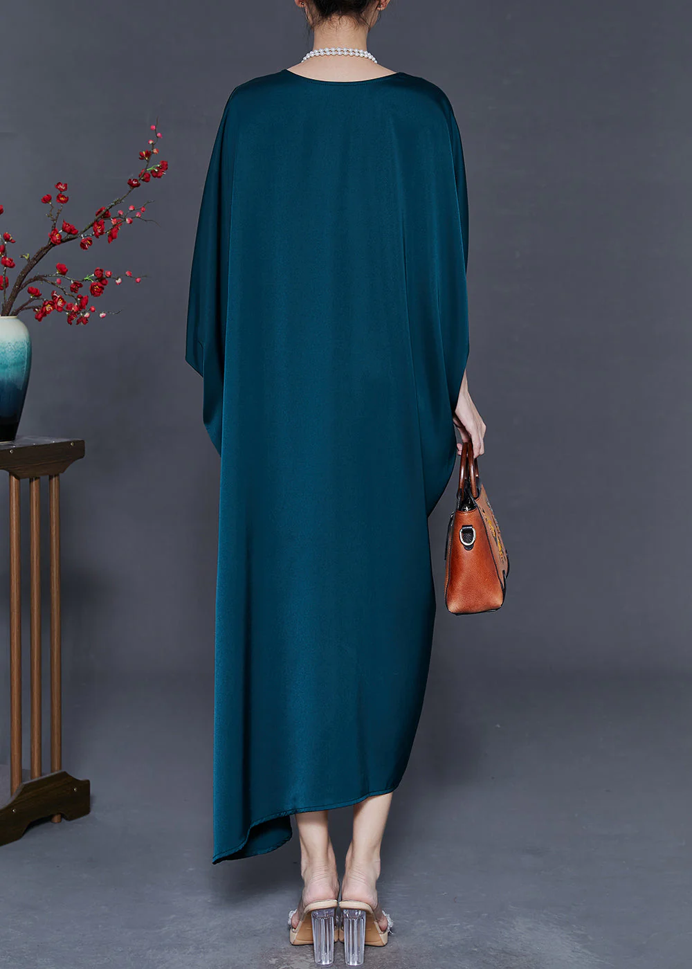 Elegant Peacock Blue Oversized Silk Party Dress Batwing Sleeve - Image 4