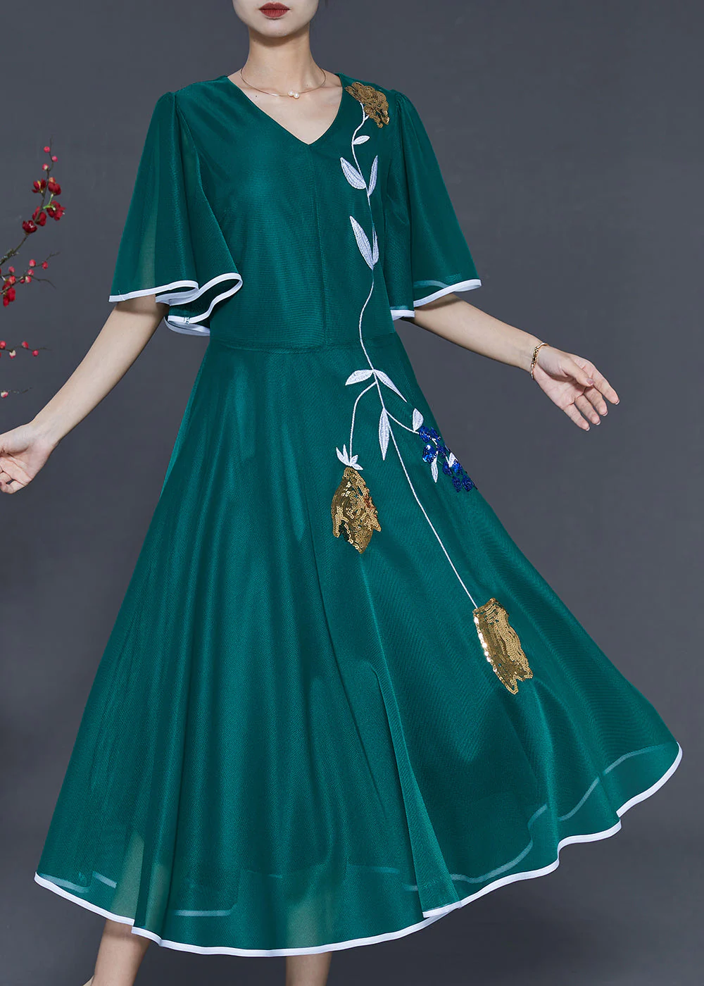 Elegant Peacock Green Embroidered Silk Long Dresses Summer - Image 2
