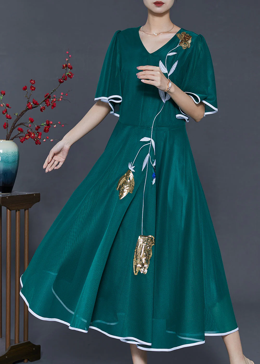 Elegant Peacock Green Embroidered Silk Long Dresses Summer - Image 3