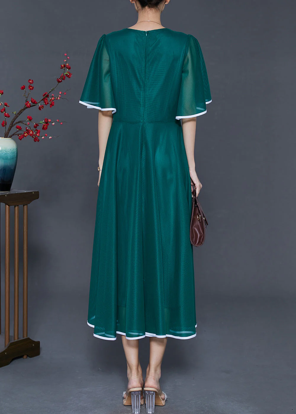 Elegant Peacock Green Embroidered Silk Long Dresses Summer - Image 4