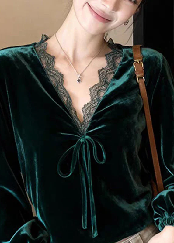 Elegant Peacock Green V Neck Lace Patchwork Silk Velvet Shirt Lantern Sleeve - Image 2