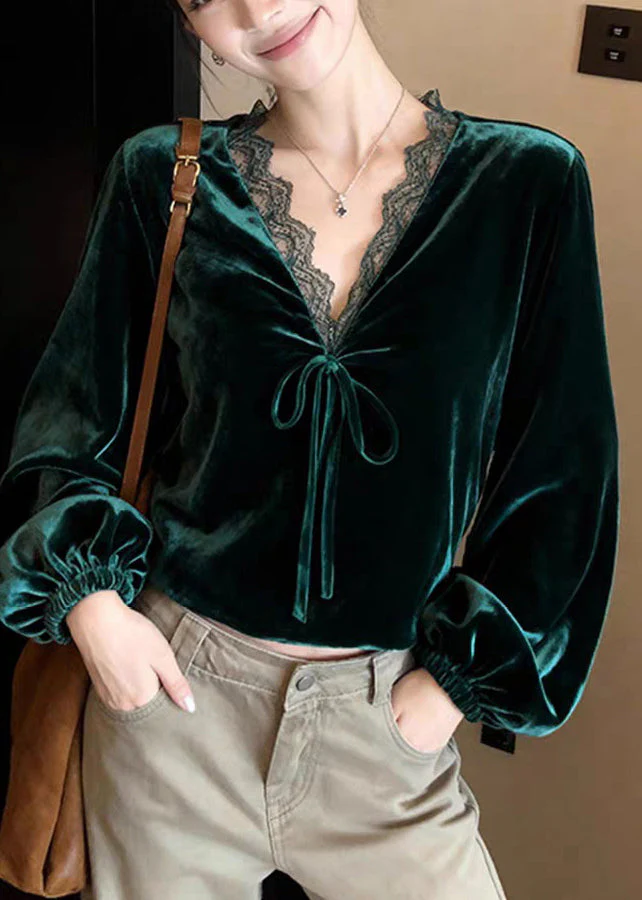 Elegant Peacock Green V Neck Lace Patchwork Silk Velvet Shirt Lantern Sleeve - Image 3