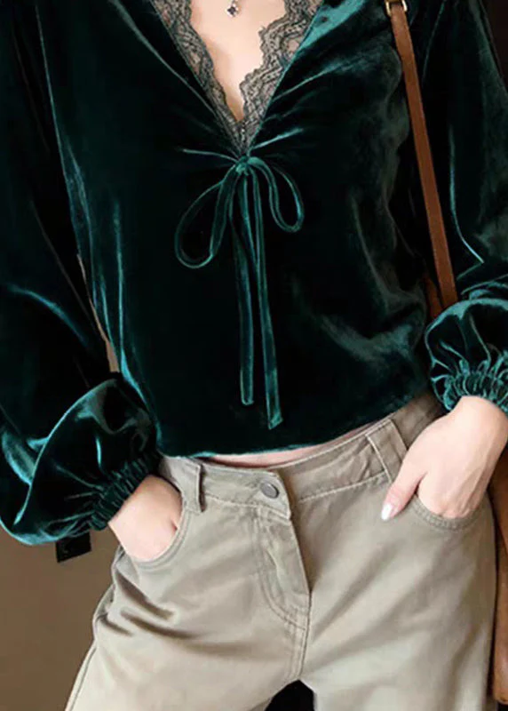 Elegant Peacock Green V Neck Lace Patchwork Silk Velvet Shirt Lantern Sleeve - Image 4