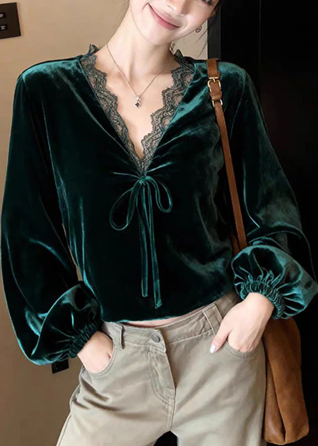 Elegant Peacock Green V Neck Lace Patchwork Silk Velvet Shirt Lantern Sleeve - Image 5