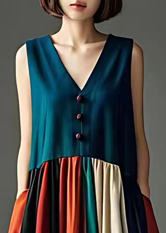 Elegant Peacock Green V Neck Patchwork Cotton Long Dress Sleeveless - Image 3