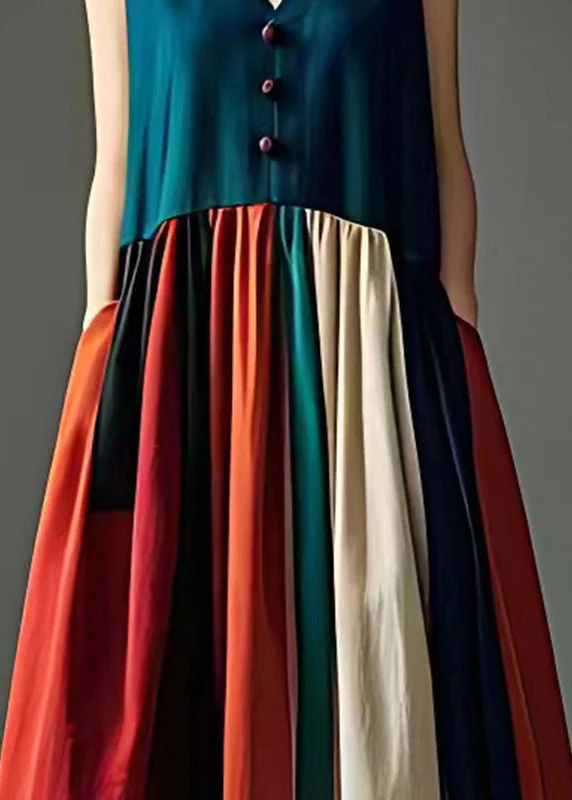 Elegant Peacock Green V Neck Patchwork Cotton Long Dress Sleeveless - Image 4