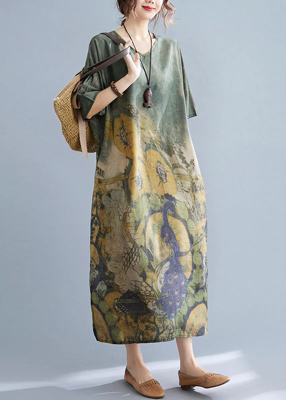 Elegant Peacock Green V Neck Print Side Open Dresses Short Sleeve - Image 2