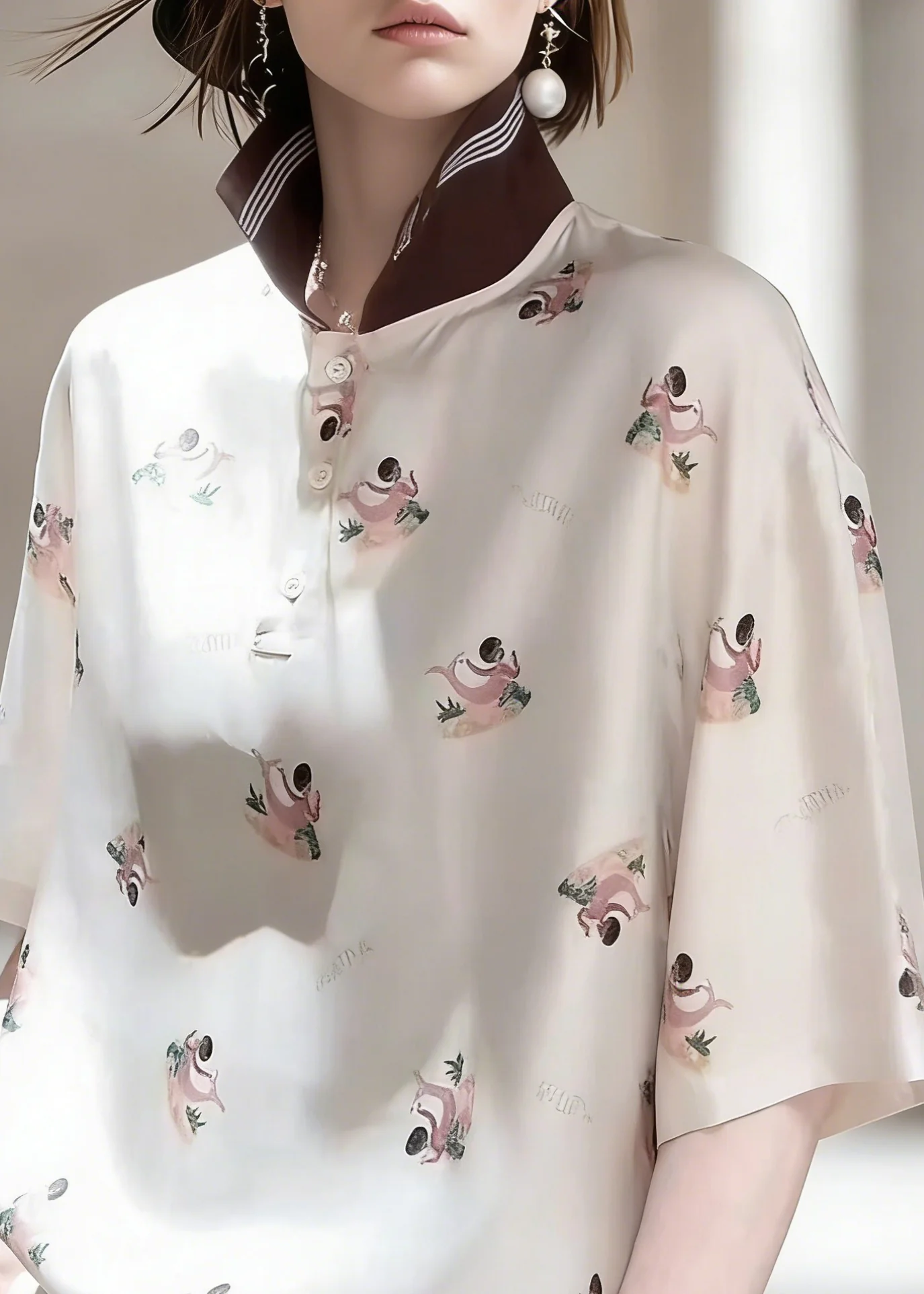 Elegant Peter Pan Collar Print Patchwork Silk Shirts Half Sleeve - Image 3