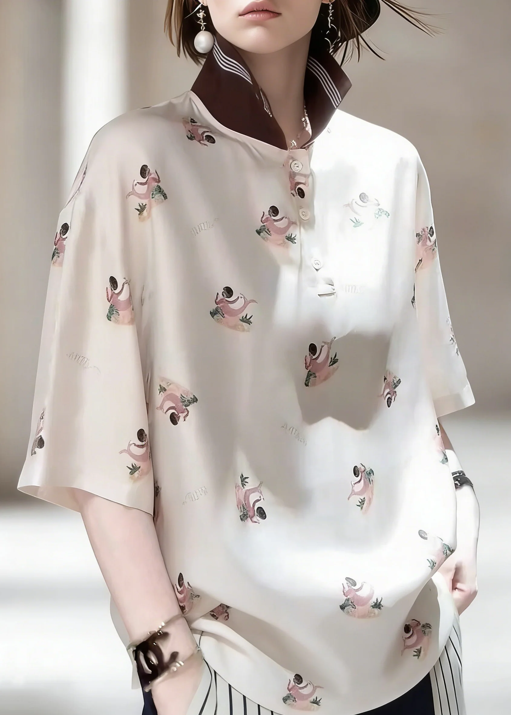 Elegant Peter Pan Collar Print Patchwork Silk Shirts Half Sleeve - Image 4