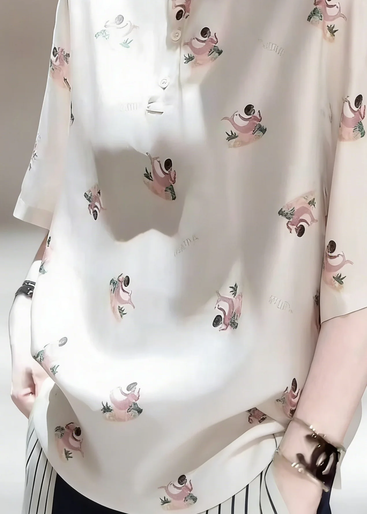 Elegant Peter Pan Collar Print Patchwork Silk Shirts Half Sleeve - Image 5