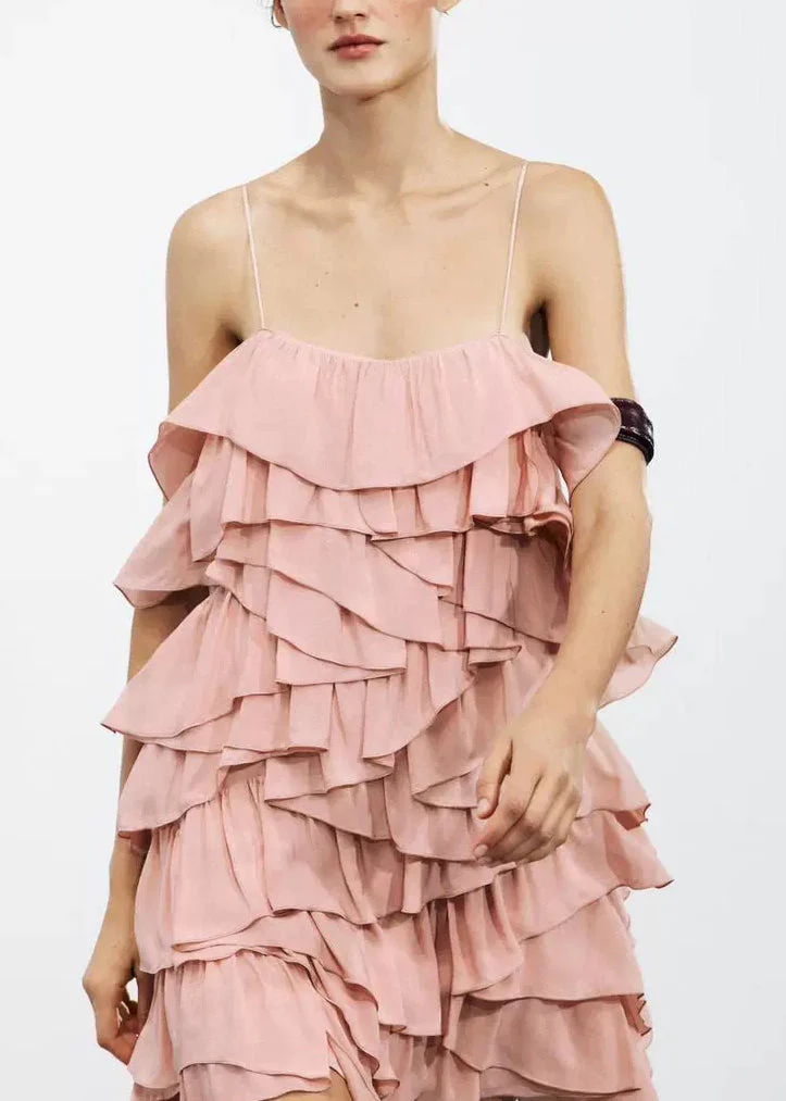 Elegant Pink Backless Layered Cotton Spaghetti Strap Dress Sleeveless - Image 2