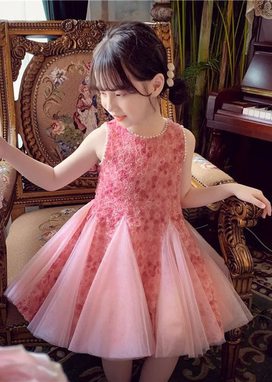 Elegant Pink Bow Nail Bead Patchwork Tulle Baby Girls Princess Dresses Sleeveless - Image 2