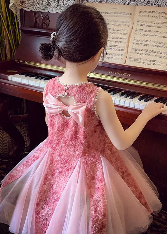 Elegant Pink Bow Nail Bead Patchwork Tulle Baby Girls Princess Dresses Sleeveless - Image 3