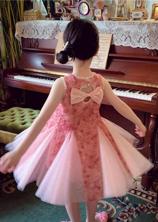 Elegant Pink Bow Nail Bead Patchwork Tulle Baby Girls Princess Dresses Sleeveless - Image 4