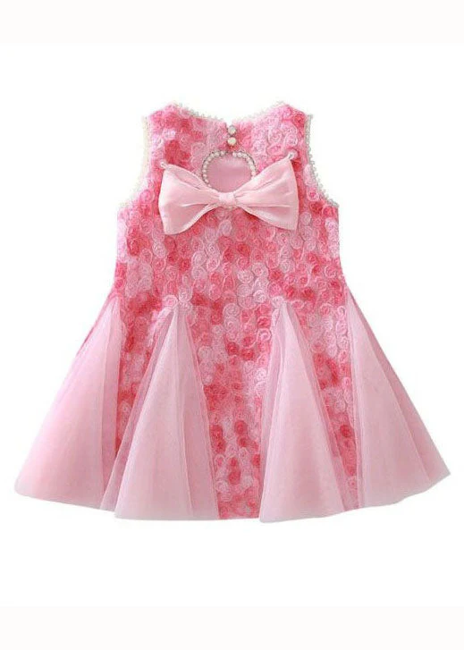Elegant Pink Bow Nail Bead Patchwork Tulle Baby Girls Princess Dresses Sleeveless - Image 5