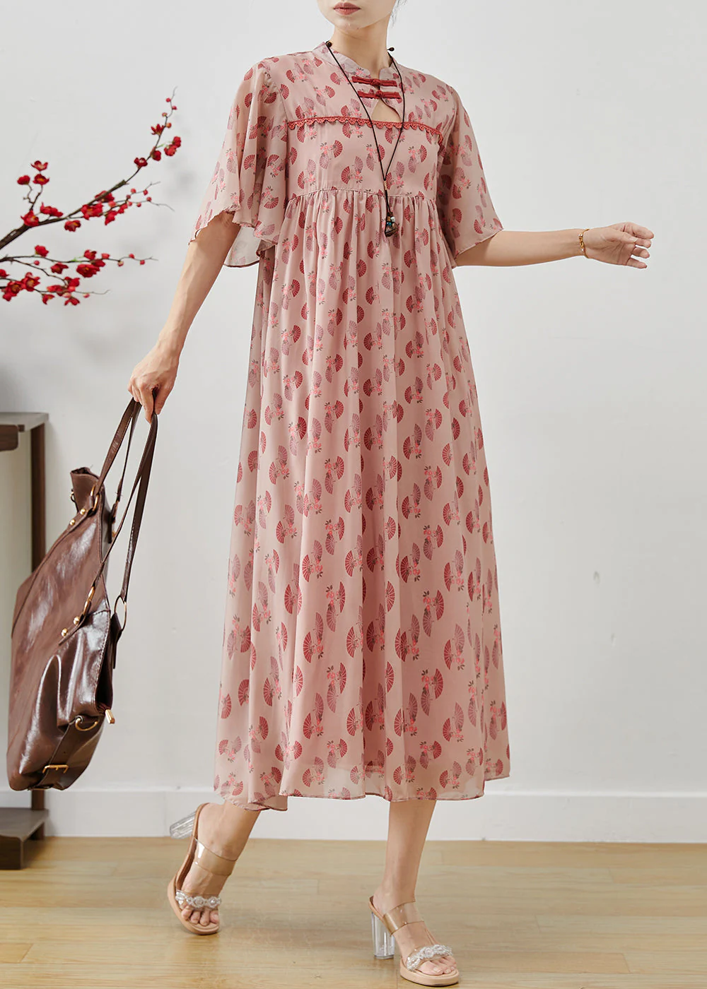 Elegant Pink Chinese Button Print Chiffon Dress Summer - Image 2