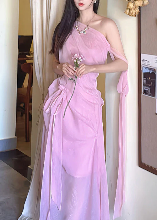 Elegant Pink Cold Shoulder Lace Up Chiffon Long Dress Sleeveless - Image 2