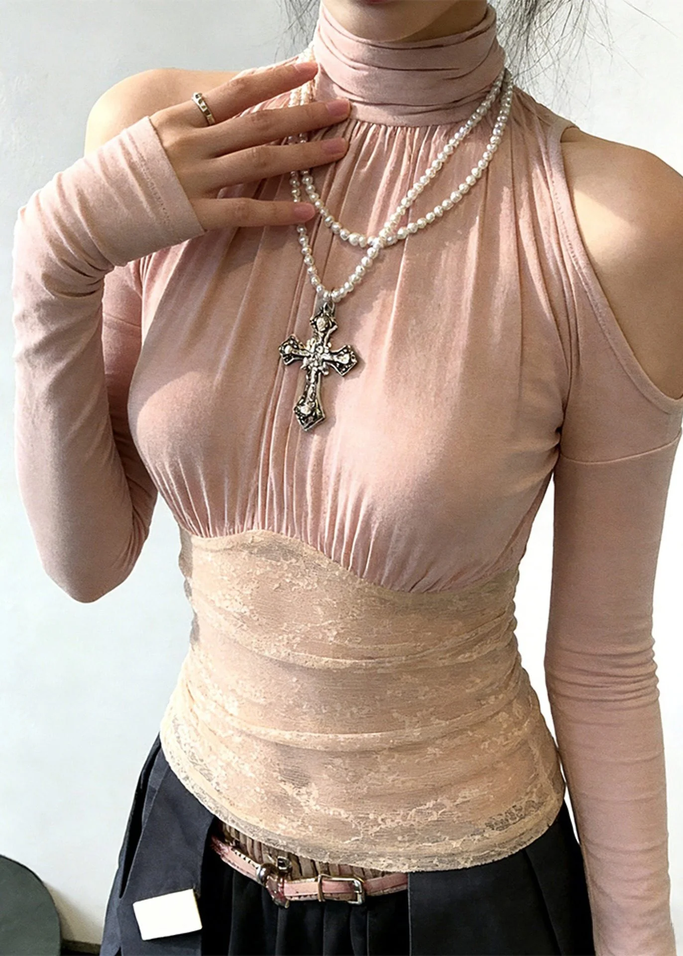 Elegant Pink Cold Shoulder Patchwork Lace Shirt Top Spring - Image 2