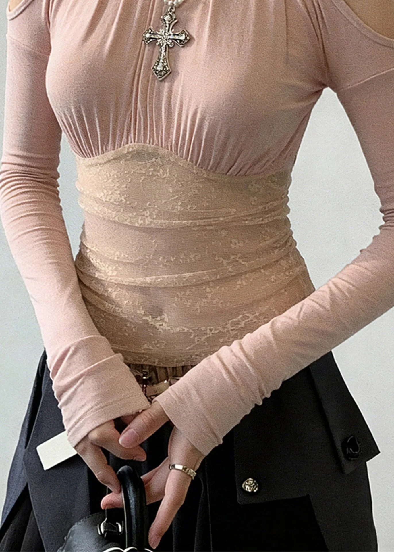 Elegant Pink Cold Shoulder Patchwork Lace Shirt Top Spring - Image 5
