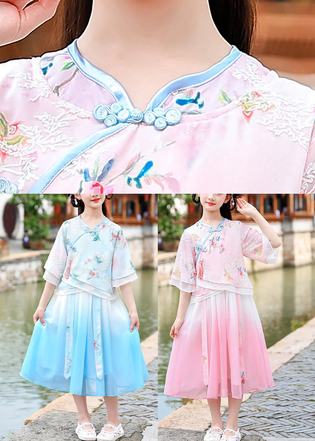 Elegant Pink Embroideried Patchwork Tassel Chiffon Girls Long Dresses Short Sleeve - Image 5
