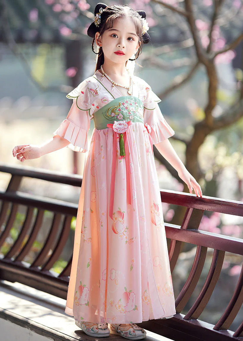 Elegant Pink Embroideried Patchwork Tassel Girls Maxi Dresses Flare Sleeve - Image 3