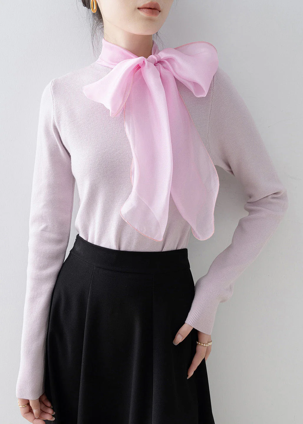 Elegant Pink Hign Neck Bow Slim Fit Knit Sweaters Spring - Image 2
