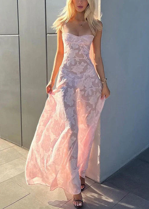 Elegant Pink Lace Up Lace Spaghetti Strap Dress Sleeveless