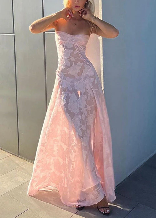 Elegant Pink Lace Up Lace Spaghetti Strap Dress Sleeveless - Image 4