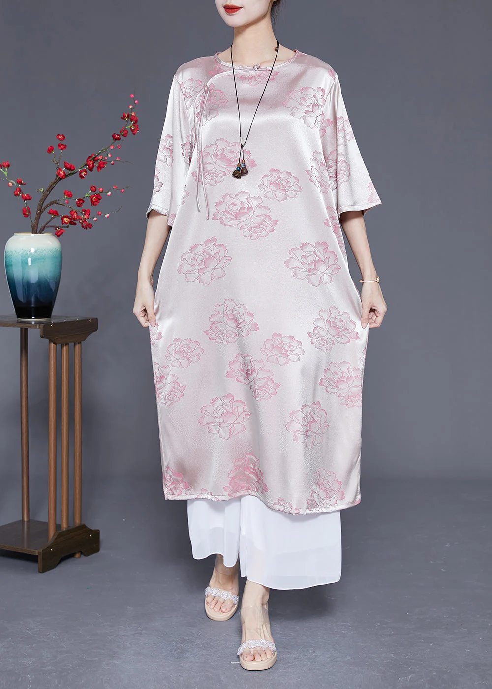 Elegant Pink O-Neck Print Tassel Silk Long Dress Half Sleeve - Image 2