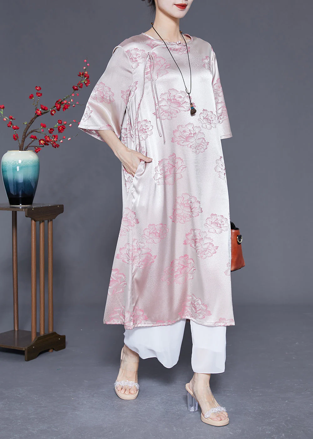 Elegant Pink O-Neck Print Tassel Silk Long Dress Half Sleeve - Image 3