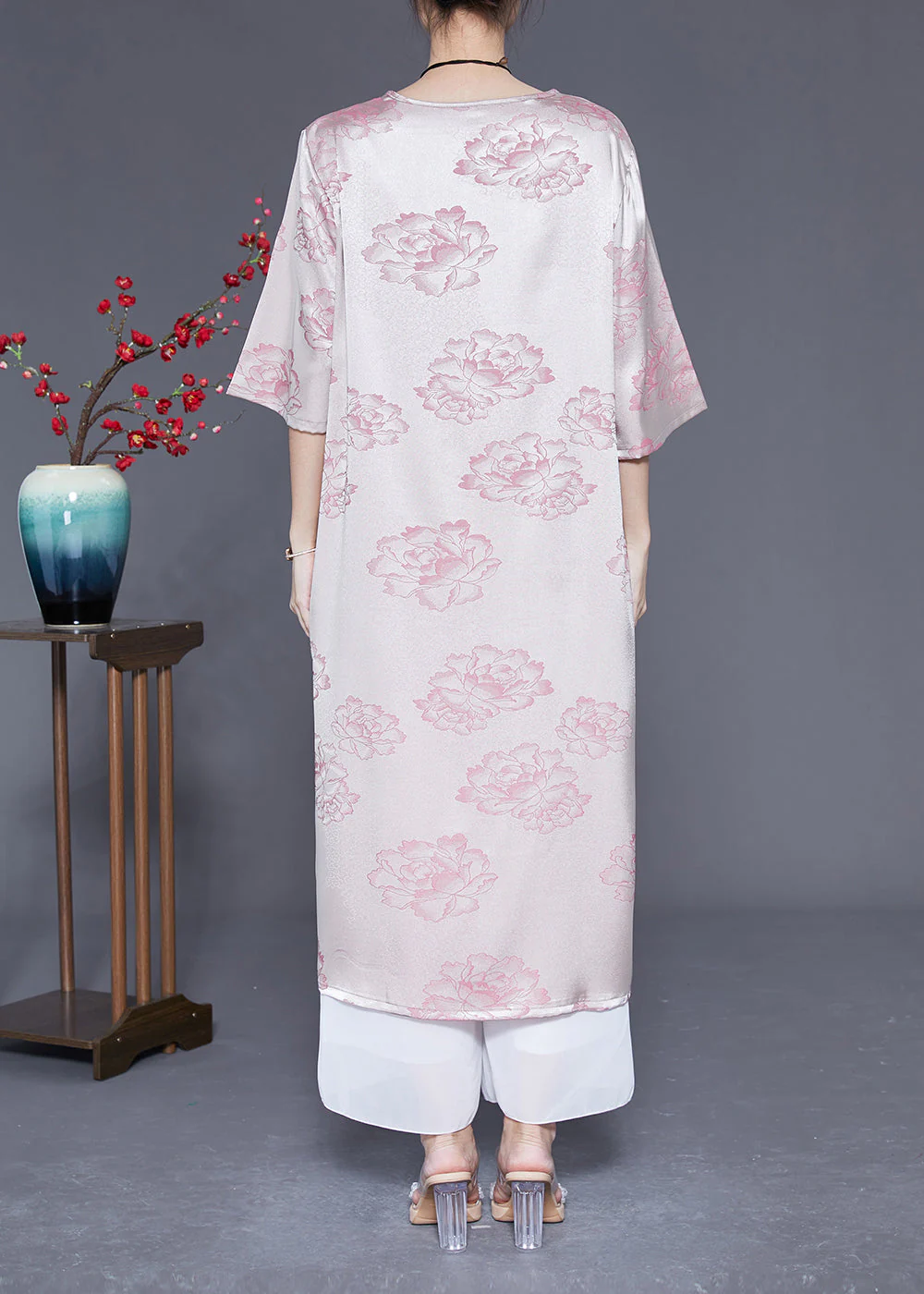 Elegant Pink O-Neck Print Tassel Silk Long Dress Half Sleeve - Image 4