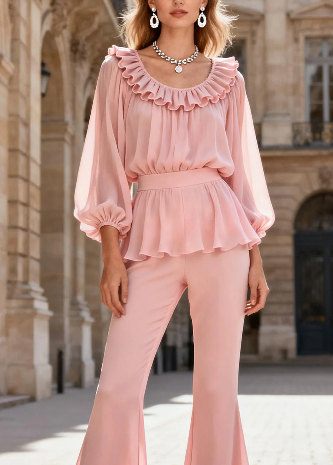 Elegant Pink O-Neck Ruffled Patchwork Silk Two Piece Set Spring - Image 2