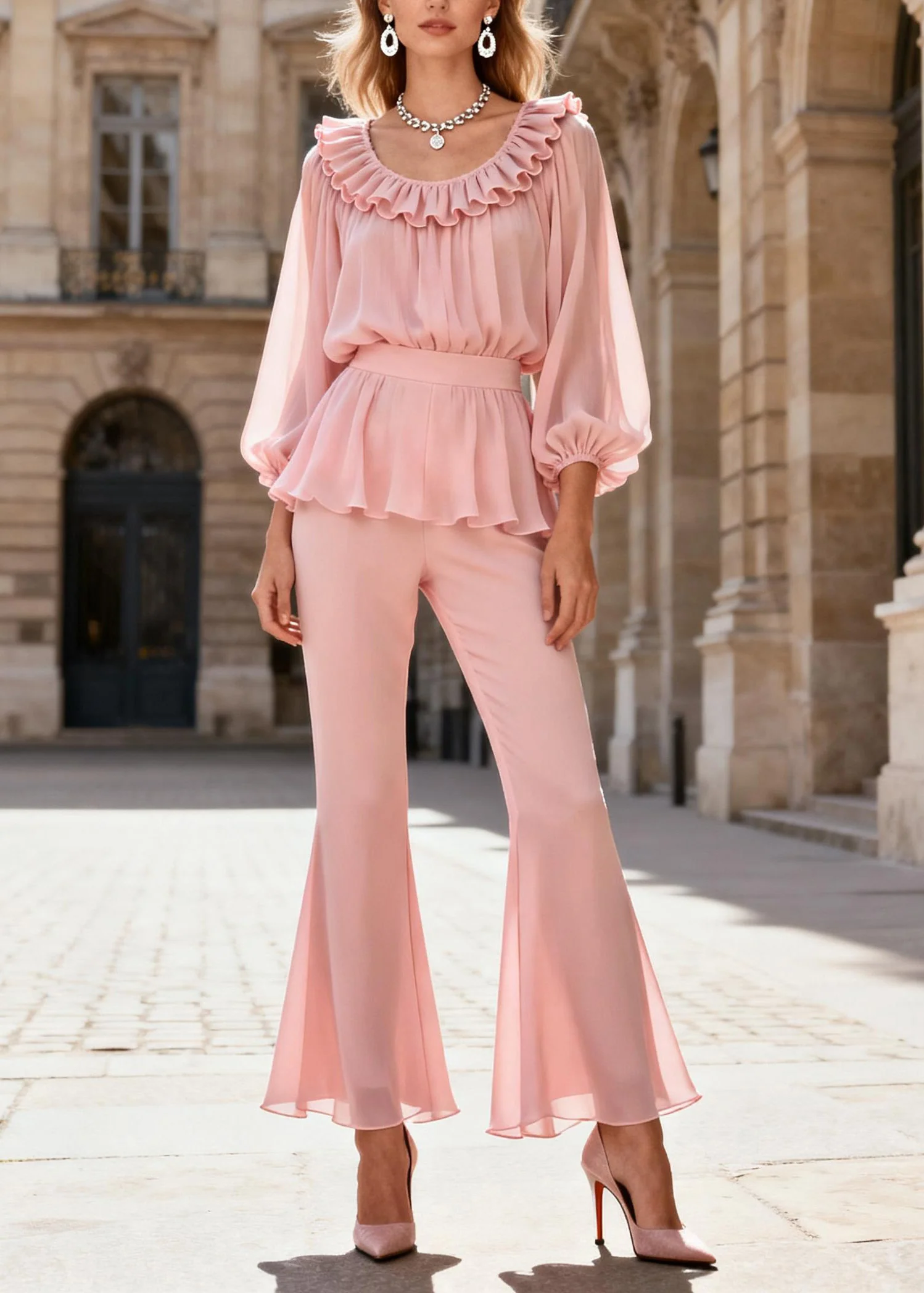 Elegant Pink O-Neck Ruffled Patchwork Silk Two Piece Set Spring - Image 3