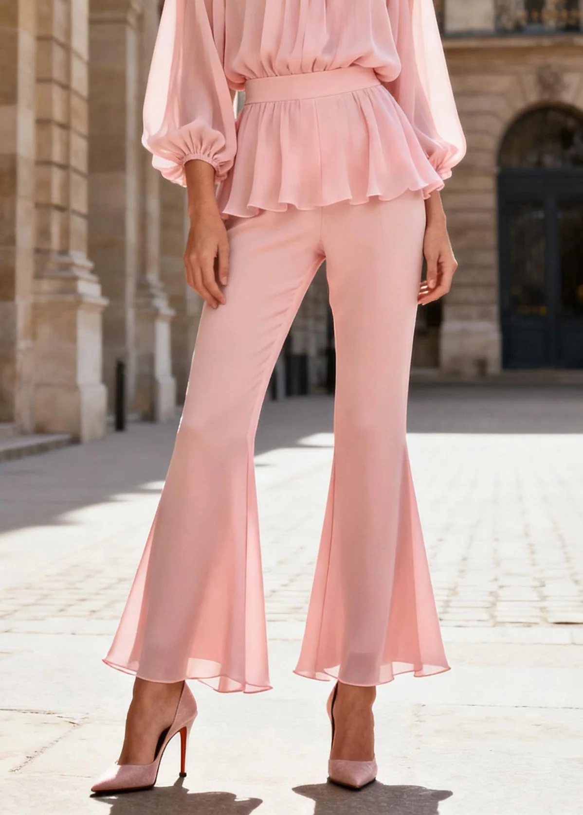 Elegant Pink O-Neck Ruffled Patchwork Silk Two Piece Set Spring - Image 4