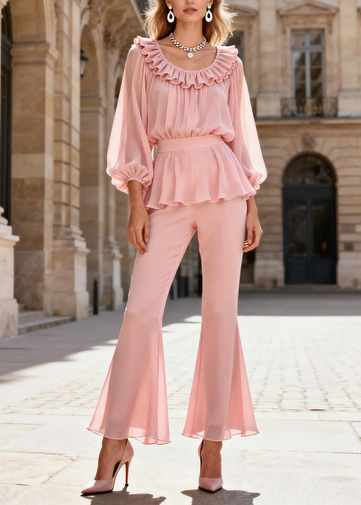 Elegant Pink O-Neck Ruffled Patchwork Silk Two Piece Set Spring - Image 5