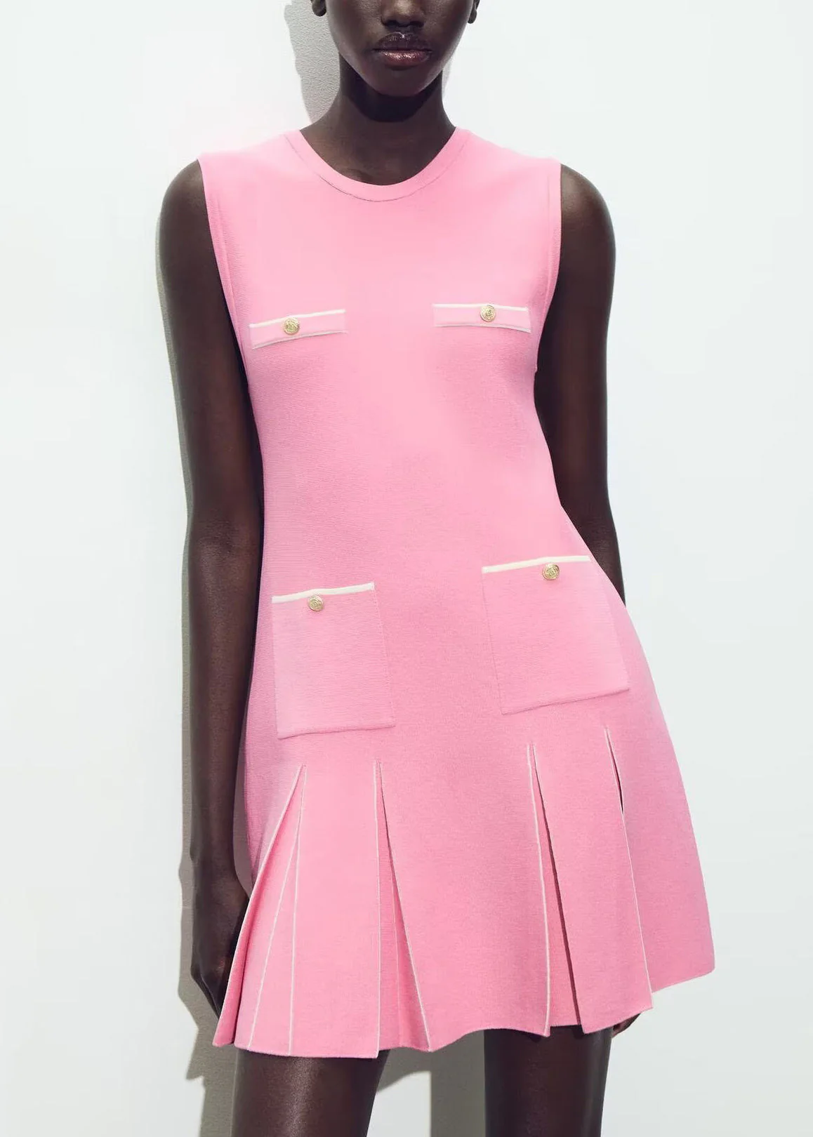 Elegant Pink O Neck Wrinkled Knit Mini Dresses Sleeveless