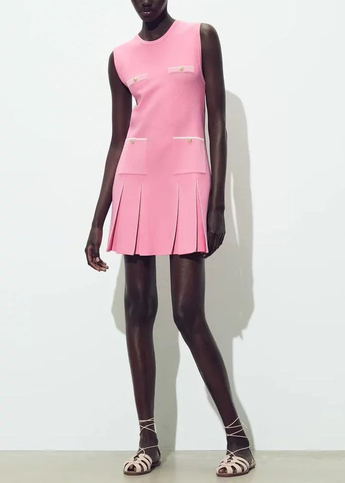 Elegant Pink O Neck Wrinkled Knit Mini Dresses Sleeveless - Image 2