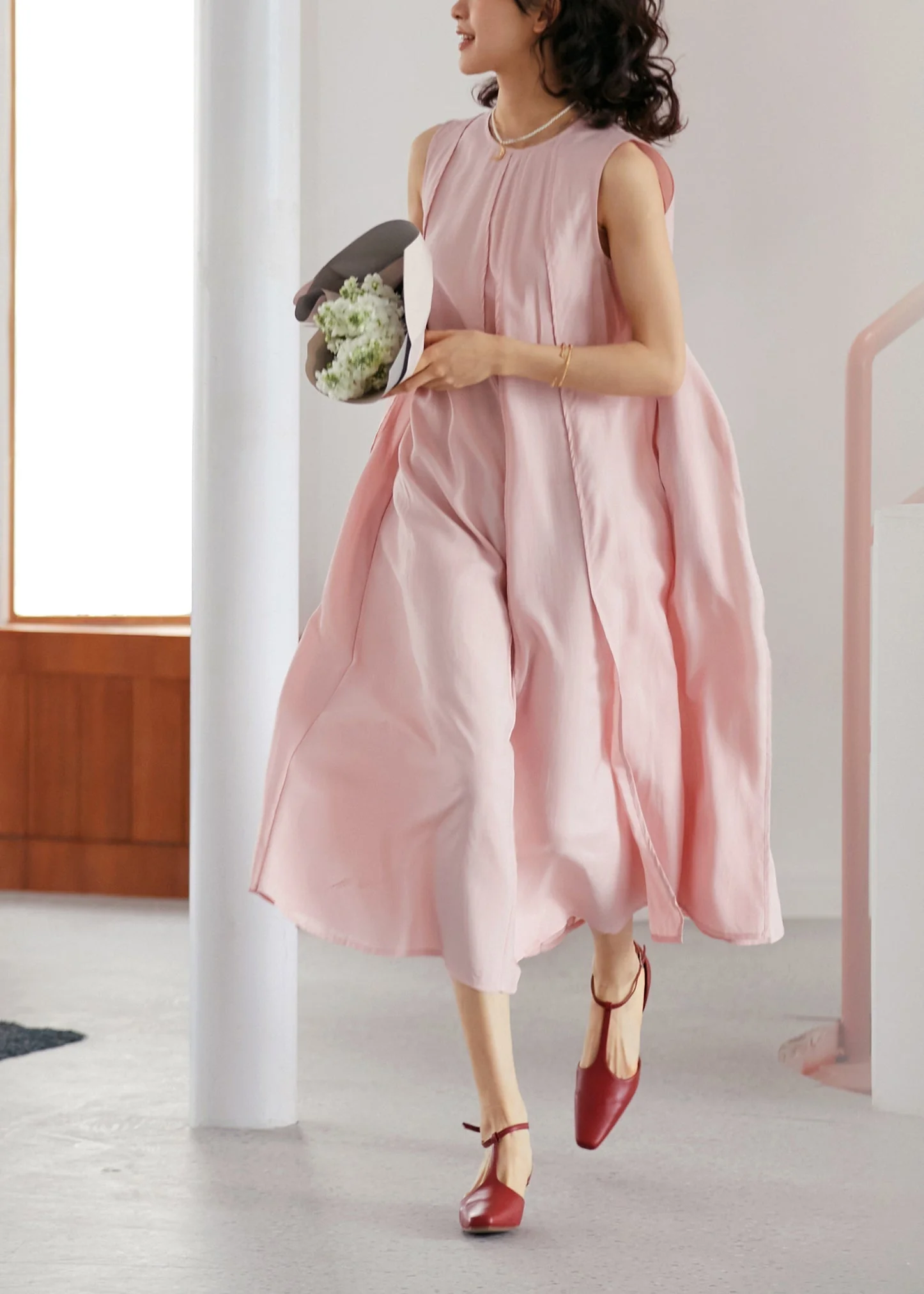 Elegant Pink O-Neck Wrinkled Long A Line Dresses Sleeveless - Image 2