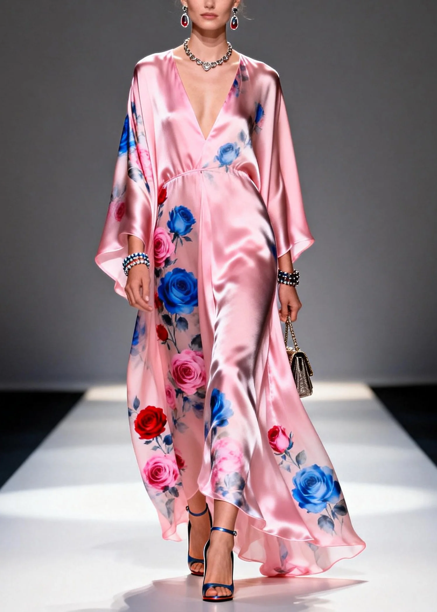 Elegant Pink Oversized Floral Print Silk Party Dress Summer - Image 3